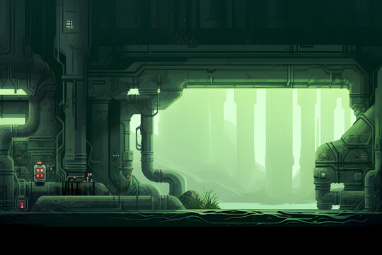 Pixel Art Scene of an Underground Tunnel with Intricate Pipe System in Dimly Lit Green Hues for Retro Video Game Designs and Industrial Backdrops