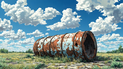 Obraz premium Rusty Abandoned Barrel Lying in a Grassy Field Under a Blue Sky with White Clouds in a Sunny Day