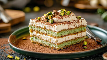 A piece of tiramisu, layered with green cake and white cream on top, sprinkled with pistachios and chocolate. AI generative.