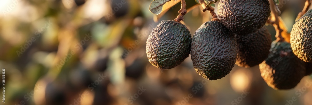 Poster ripened avocados hanging on a tree branch in an orchard featuring rich green texture and blurred bac
