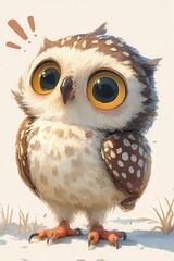 Obraz premium Adorable fluffy owl with big eyes stands on white ground with grass around