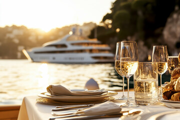 A table of food on a yacht at sunset.AI generative.