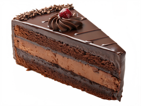 Chocolate Cake Slice PNG Image – Layered Dessert with Cherry and Mint Garnish Isolated on Transparent Background for Bakery and Food Projects