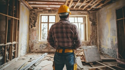 Man with hardhat in damaged room, facing windows and debris on floor. Shows construction, renovation, or property restoration work in progress.