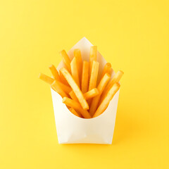 french fries in white paper container isolated on yellow background. Generative ai