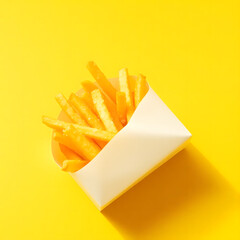 french fries in white paper container isolated on yellow background. Generative ai