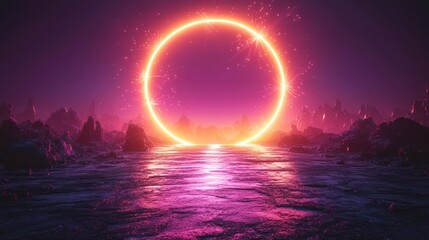 Ethereal Radiance: A Circular Portal Illuminates an Otherworldly Landscape