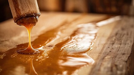 Wood adhesive dripping from applicator onto a compressed board