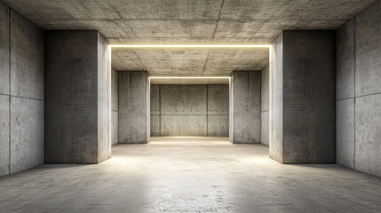 Interior view of a concrete room with light strips and a doorway in an industrial setting design