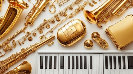 Naklejka premium Elegant array of golden musical instruments showcased on a bright surface