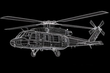 Wireframe Silhouette of a Military Helicopter Isolated Against a Black Background