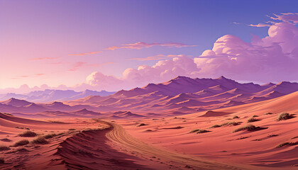 Naklejka premium Vibrant Pixel Art of Desert Landscape with Rolling Sand Dunes Under a Colorful Sky During Sunset With Textural and Atmospheric