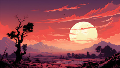 Obraz premium Vibrant Pixel Art Sunset Landscape with a Full Moon Over Distant Mountains and Silhouetted Trees in a Peaceful Atmospheric Setting