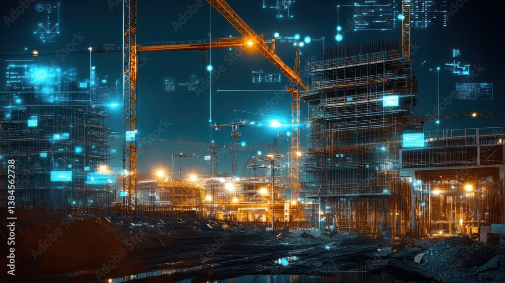 Poster Night view of construction site with digital overlay showing progress and planning.