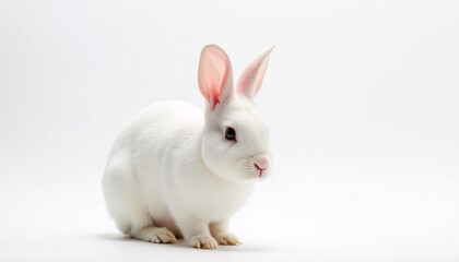 Obraz premium A rabbit with sleek white fur and pink ears, sharp focus, minimalist white backdrop, perfect for research lab advertising.