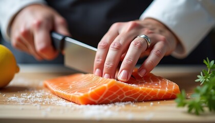 Close up of a chef's weathered hands slicing a fresh salmon fillet, sharp detail, neutral white backdrop, perfect for gourmet seafood advertising.