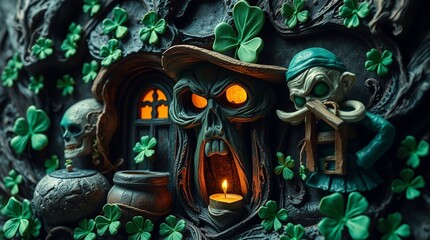 graffiti on the wall Background on St Patrick's Day made of realistic clover leaves with shadows an