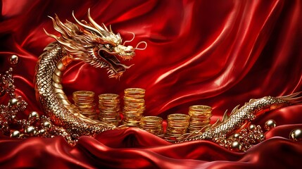 Golden Dragon Wealth Fortune Prosperity Red Silk Coins Chinese New Year 3D Render
