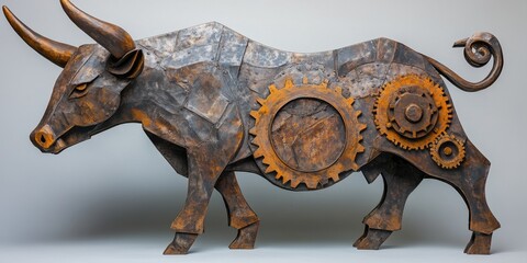Obraz premium The metal bull sculpture features gears integrated within its design
