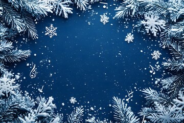 A navy blue background with white snowflakes and musical notes framing the edges, with space in the center for text, creating a festive atmosphere,

