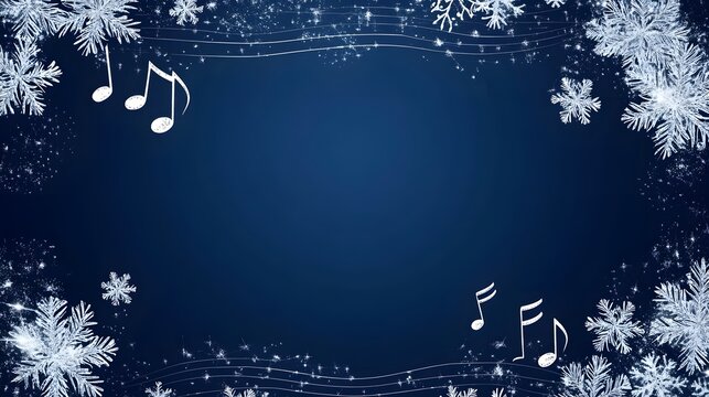 A navy blue background with white snowflakes and musical notes framing the edges, with space in the center for text, creating a festive atmosphere,

