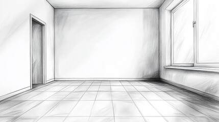 Hand Drawn Sketch of Interior Room with Window and Door for Design Ideas