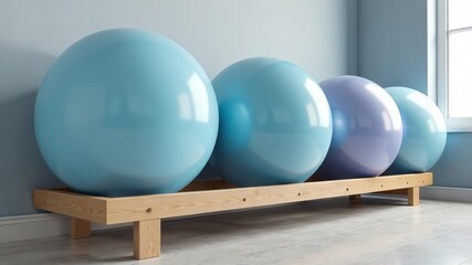 Stand with blue fitness balls in bright room, close up