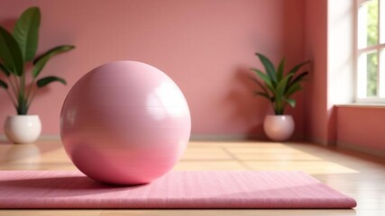 Woman pink studio for exercise with fitness ball and yoga mat