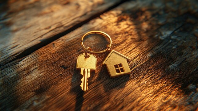 A key inserted into a golden house-shaped keychain, placed on a polished wooden surface, representing homeownership. - Powered by Adobe
