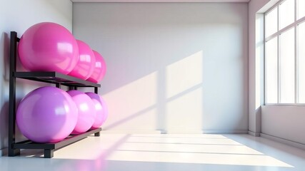 Stand with large colorful fitness balls in bright room, space for text