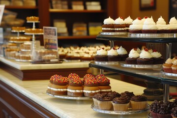 A Display of Various Cakes and Cupcakes at a Bakery