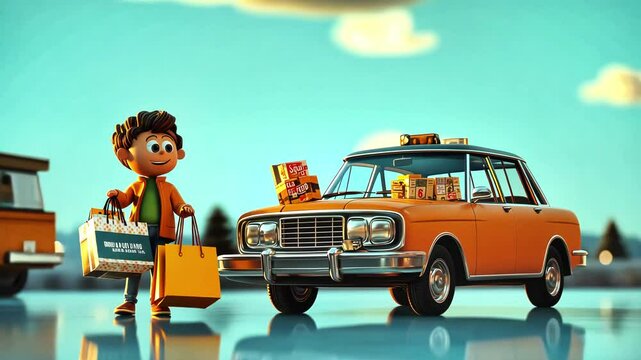 Cheerful boys colorful adventure with vintage taxi and shopping bags filled with items at vibrant gas station, creating joyful and nostalgic atmosphere.