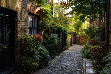 Naklejka premium Charming cobblestone alley lined with lush greenery and vibrant flowers in a historic neighborhood showcasing the beauty of urban nature