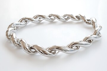 Fototapeta premium Metallic Twisted Links Abstract Circular Chain Design on White Background, Chrome Finish