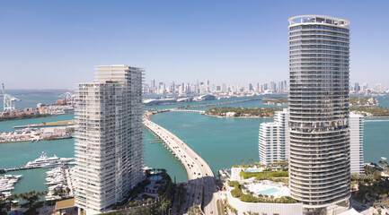 Miami Beach aerial view with skyline. Miami from above. Miamis famous landmarks. South Pointe beach...