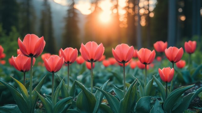 Vibrant coral tulips in a sunlit meadow, spring flowers