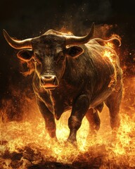 A powerful bull engulfed in flames emerging from darkness