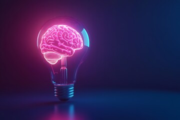 Glowing Brain Inside Lightbulb, 3D Rendering, Innovation Concept, Neural Network, AI