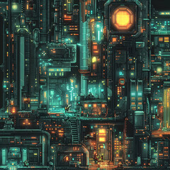 Detailed Pixel Art of Illuminated Cityscape with Complex Architecture Futuristic Structures and Vibrant Glowing Lights in a Dark Urban Setting