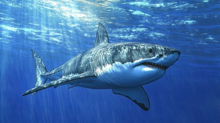 Fototapeta premium A great white shark swims through the deep ocean water, sunlight streaming down. Use this image to portray fear, power, or marine life conservation.