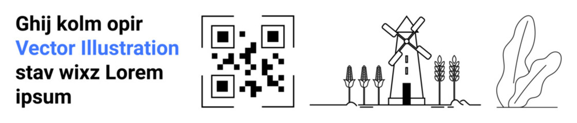 Typography next to QR code, windmill, wheat, and plants in minimal line art. Ideal for technology, coding, ecology, farming, sustainability innovation simple landing page