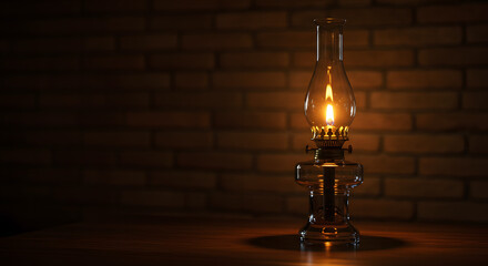 Vintage oil lamp glowing warmly against a dark brick background  