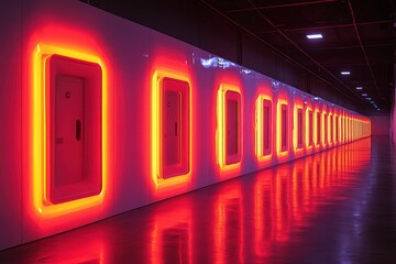 Glowing rectangles line a long white hallway.