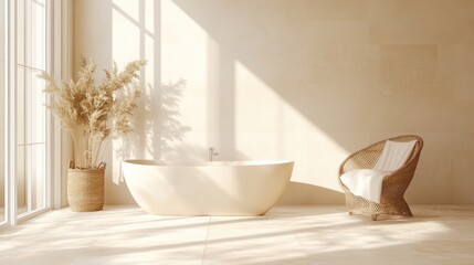 Sunlit minimalist bathroom with freestanding tub, woven chair, and pampas grass.