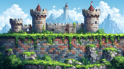 Detailed Pixel Art View of a Stone Fortress With Towers Mountains and Blue Sky With Clouds in the Background