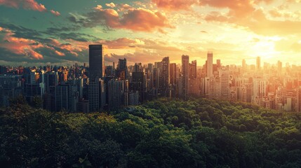 Fototapeta premium Sunset Metropolis: Where City Meets Nature's Embrace