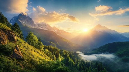 A breathtaking mountainscape unfolds at sunrise