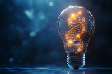 Glowing DNA Helix Inside Lightbulb, Scientific Concept, Innovation, Research, Dark Blue Backdrop