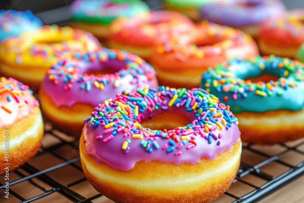 Aufkleber Colorful donuts with rainbow frosting and sprinkles create a fun display in a playful pop-art style composition