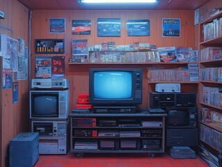 Naklejka premium Retro electronics cluttered storage room nostalgic vibes.